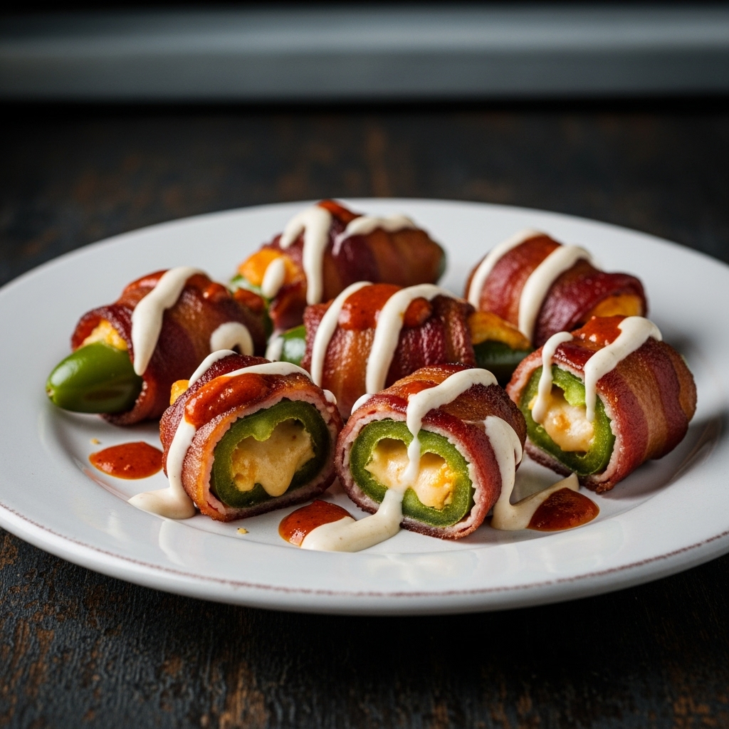 Smoky Bacon Wrapped Jalapeño Poppers with Chipotle Cream